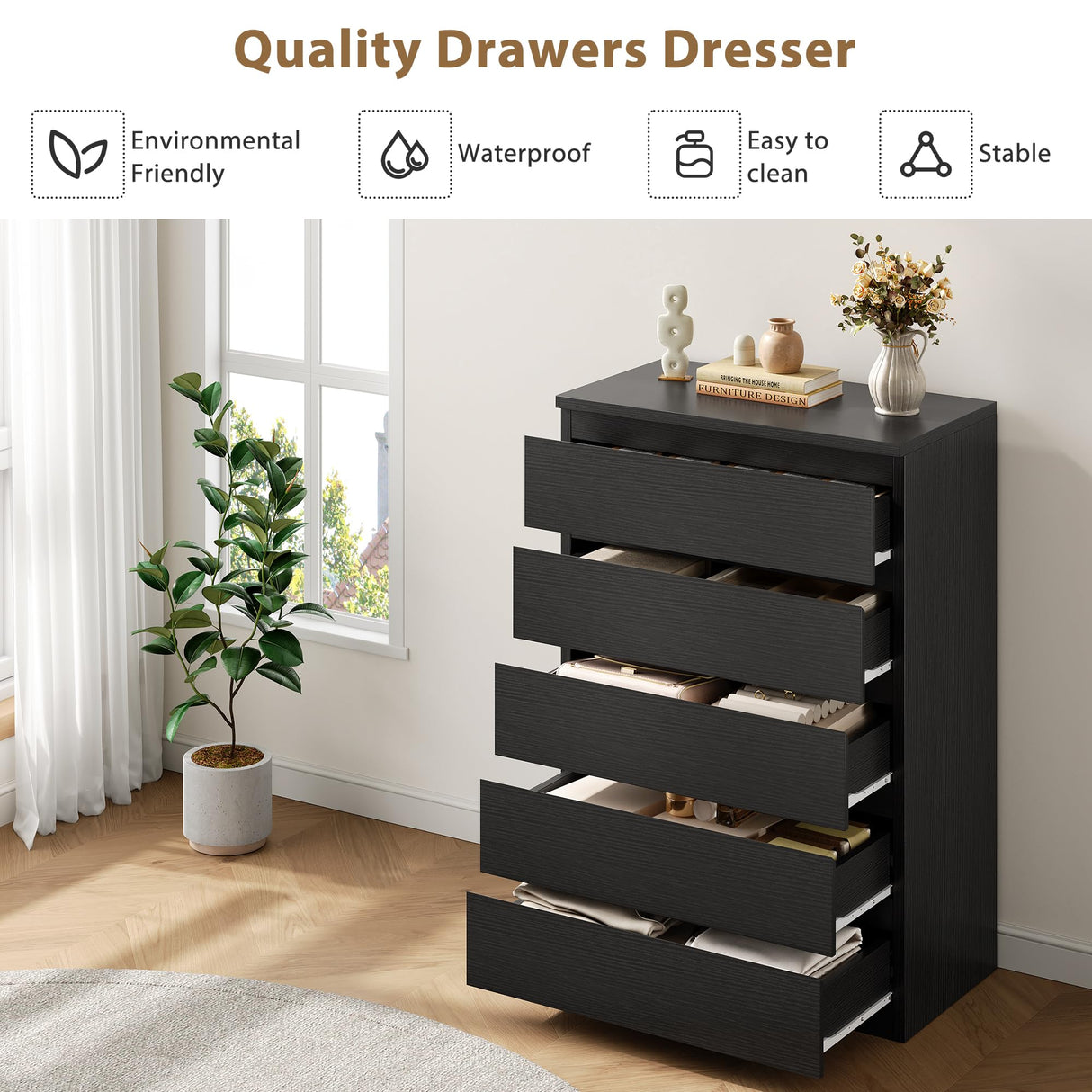 Jocoevol Black 5 Drawer Dresser for Bedroom, 15" D x 23.7" W x 40.4" H in Simply Chest of Drawers, Wood Storage Dresser with Drawers for Living Room Hallway Entryway, Black Jocoevol