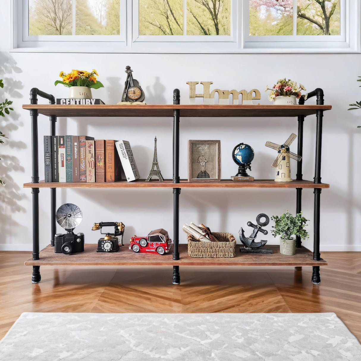 Anynice 3 Tier Industrial Long Bookshelf, Entryway Industrial Metal Bookcase (Weathered Brown, 60" L x 11.8" W x 39" H) Anynice