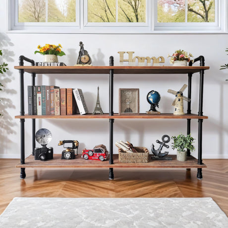 Anynice 3 Tier Industrial Long Bookshelf, Entryway Industrial Metal Bookcase (Weathered Brown, 60" L x 11.8" W x 39" H) Anynice
