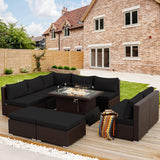 NICESOUL Outdoor Patio Furniture Set with Fire Pit Natural Gas/Propane, 29.3'' High-Back XL Large Conversations for Exteriors, 9-Seater Wide Deep Seating Rattan Sectional Sets, Brown and Black NICESOUL