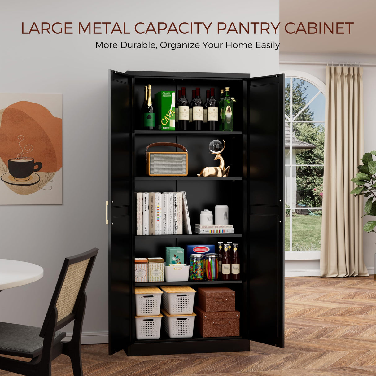 Kubohogar 71" Tall Metal Pantry Cabinet, Black Kitchen Pantry Storage Cabinet with 4 Adjustable Shelves and Gold Handles, Cupboard for Kitchen, Dining Room, Living Room, Bathroom Kubohogar