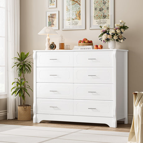 HITHOS White 8 Drawer Dresser for Bedroom, 47" Wood Dresser & Chest of Drawers, Modern Double Storage Cabinet with Deep Drawers | Metal Handles for Living Room, Hallway, Entryway HITHOS