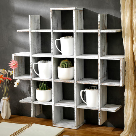 Suzile Oversize Coffee Mug Display Rack Wooden Display Shelves Rustic Wooden Floating Curio Shelf Travel Wall Mounted Coffee Mug Rack Holder Shadow Box Shelf (5.1x5.1x3in,Farmhouse White) Suzile