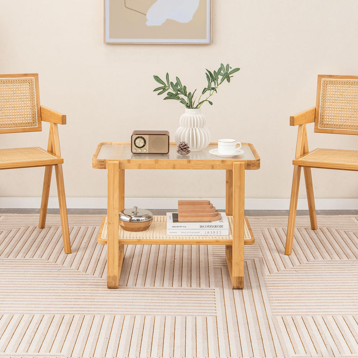 GOFLAME Bamboo Side Table with Glass Top, 2-Tier End Table with PE Rattan Storage Shelf, Home Sofa Side Table, Nightstand Bedside Table, Compact Coffee Table, Accent Table for Bedroom Living Room GOFLAME