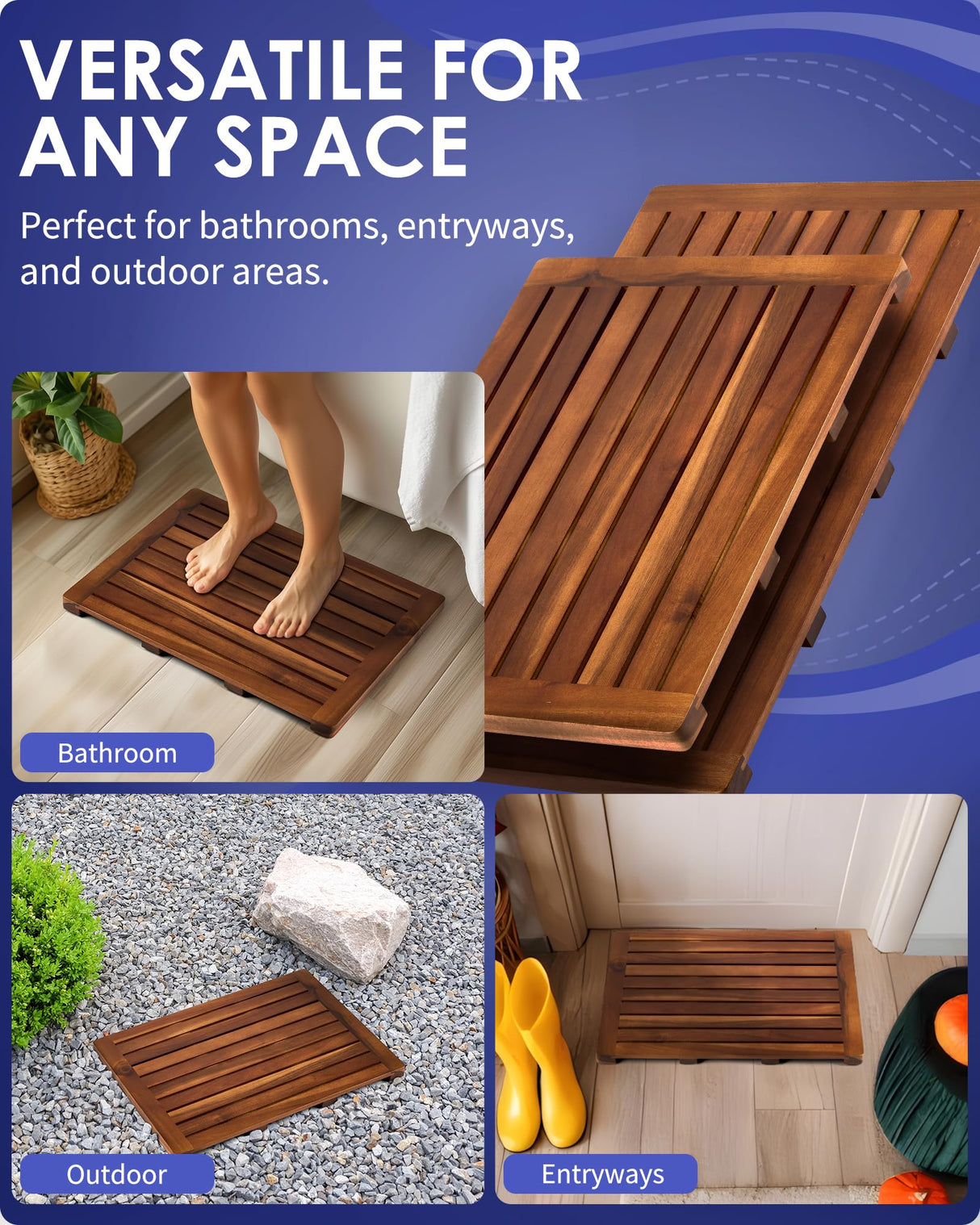 Upolana Teak Shower Mat, 24 x 18 inch Wood Bath Mat for Inside Shower, Wooden Shower Floor Mat Teak Wood Bath Mat for Bathroom Spa & Outdoor Use Upolana