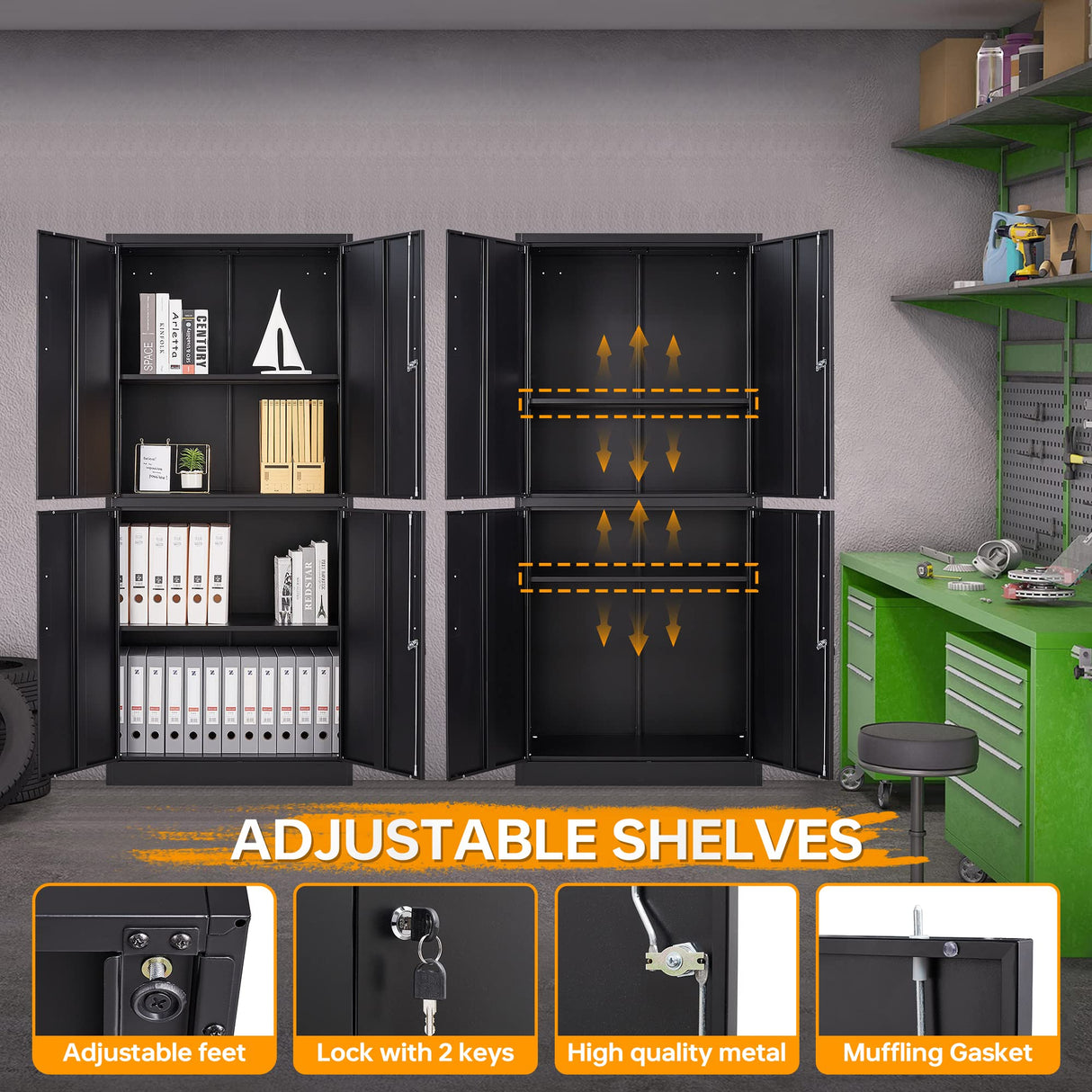 STANI Metal Storage Cabinet, Locking Steel Storage Cabinet with 4 Doors and 2 Adjustable Shelves, 71" Steel Lockable File Cabinet, Tall Steel Cabinet STANI