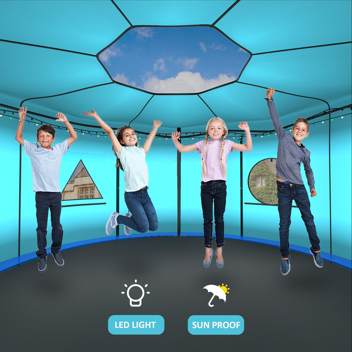 12FT Trampoline Tent Frameless Shade Cover with LED Light, Trampoline Accessory Tent Outdoor, Fit Round Trampoline with 8 Straight Poles – Blue Gardenature
