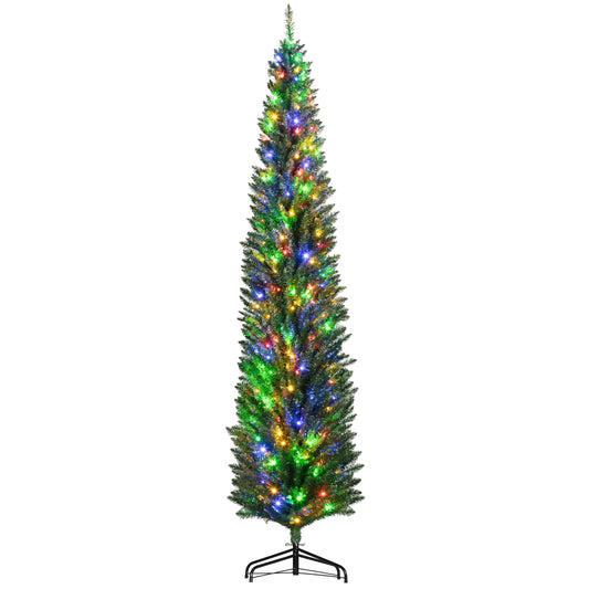 HOMCOM 8ft Tall Pencil Prelit Artificial Christmas Tree Holiday Décor with 668 Branches, 250 Colorful LED Lights, Steel Base, Green