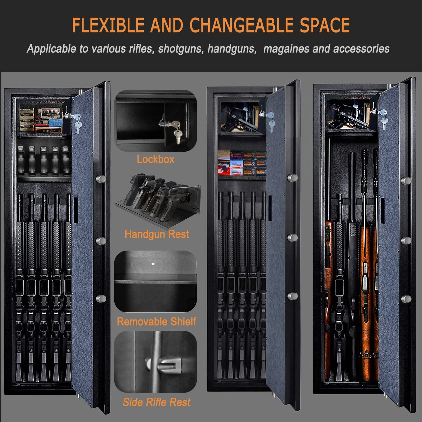 2024 New and Improved Rifle Safe, Biometric Long Gun Safe for Rifle Shotgun with Time Temperature Humidity Display, Quick Access 5-6 Gun Storage Cabinet with Lock Box and Removable Shelf