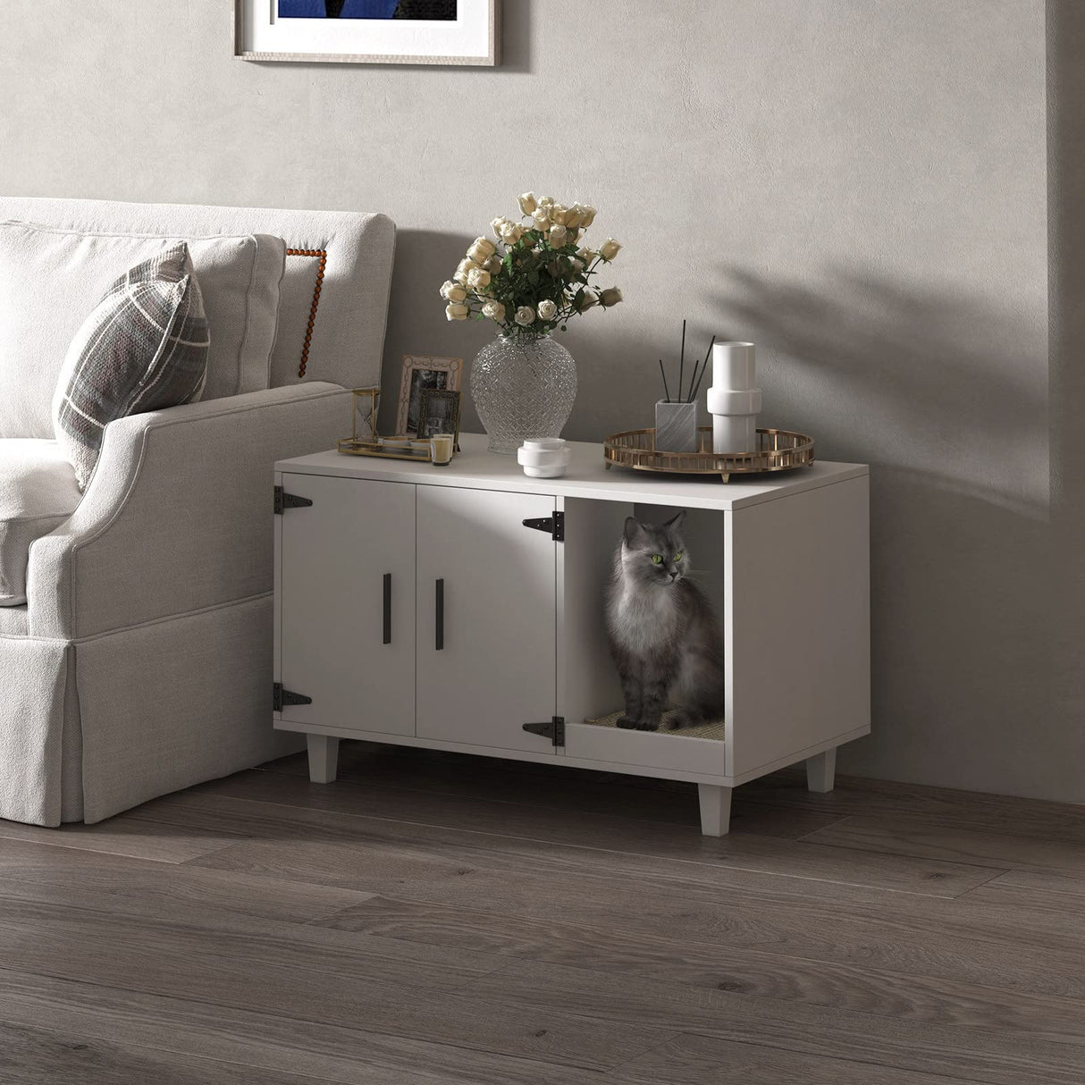 GDLF Modern Wood Pet Crate Cat Washroom Hidden Litter Box Enclosure Furniture House as Table Nightstand with Scratch Pad,Stackable (White) GDLF