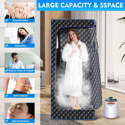 Portable Sauna Box,Steam Sauna Tent for Home Spa,Large Space Personal Home Sauna Tent Full Body with 3 L 1100 w Steamer,Chair,Foot Massager,Remote Control Included (Black)