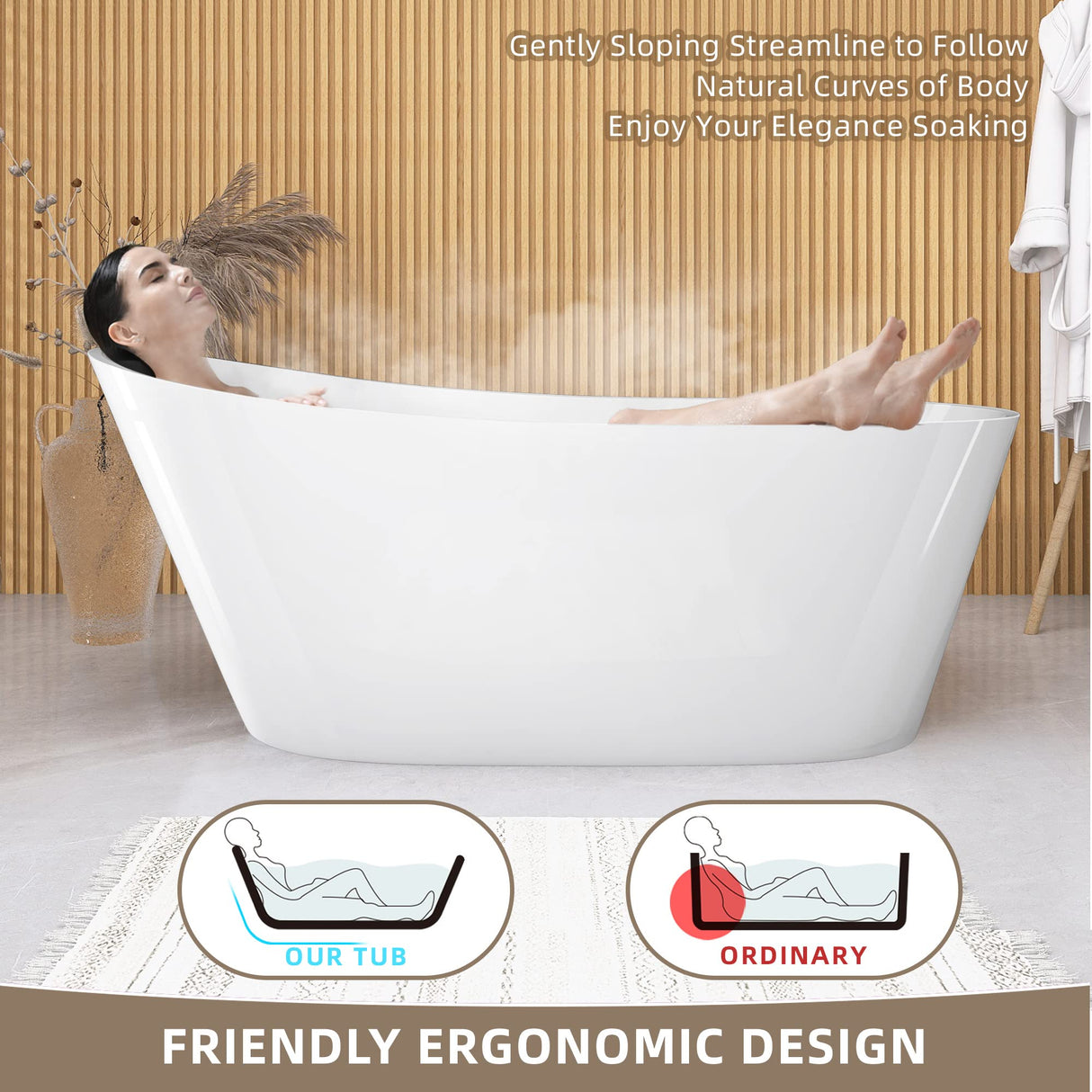 GETPRO Free Standing Tub 59" Acrylic Freestanding Bathtub, Adjustable Soaking Bath Tub Oval Shape with Integrated Slotted Overflow and Chrome Anti-clogging Drain Glossy White GETPRO