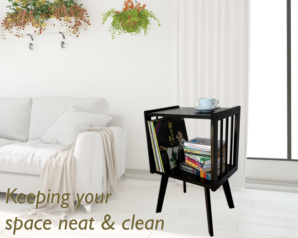 AF28 Record Player Stand Stores up to 100 LP Albums. Vinyl Record Display Holder for Living Room Bedroom, Turntable Stand, Record Player Table, End Table Made of 100% Natural Solid Wood (Black) AF28