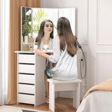 VOWNER Vanity with Lights - Makeup Vanity Desk with Power Outlet, 3 Color Lighting Options Brightness Adjustable, Vanity Table with 5 Sliding Drawers, Shelves and Stool for Bedroom, White VOWNER