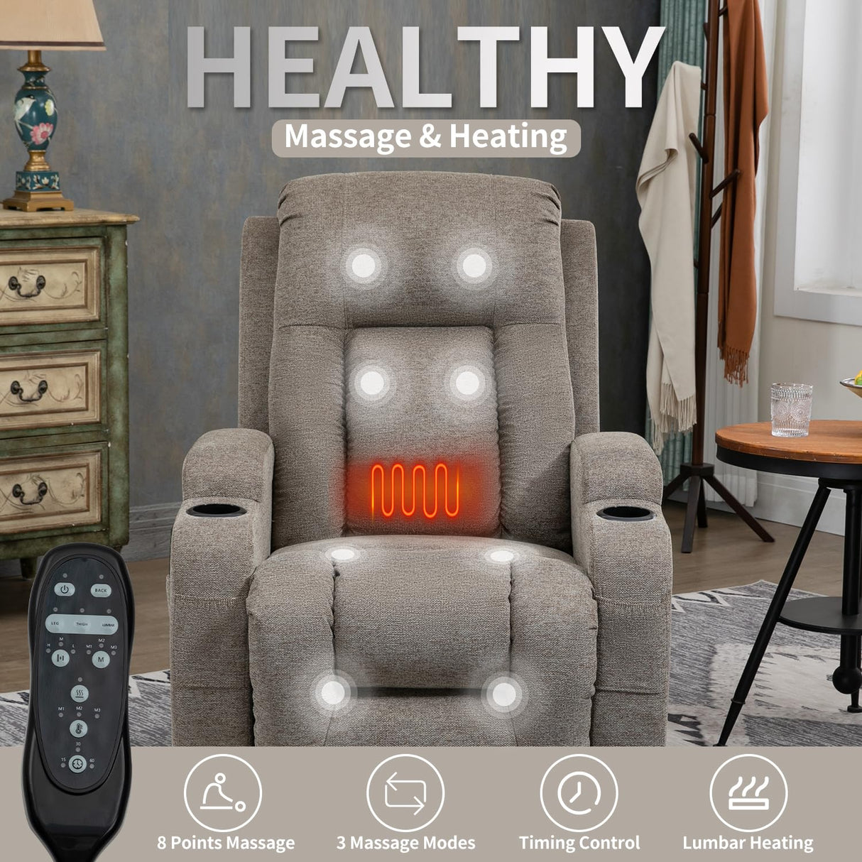 Trustyue Power Lift Recliner Chair with Heat and Massage for Elderly, Electric Recliner Chairs with Standing Assistance, 2 Cup Holders, 4 Pockets, USB Charge Port, Linen Fabric Khaki Trustyue