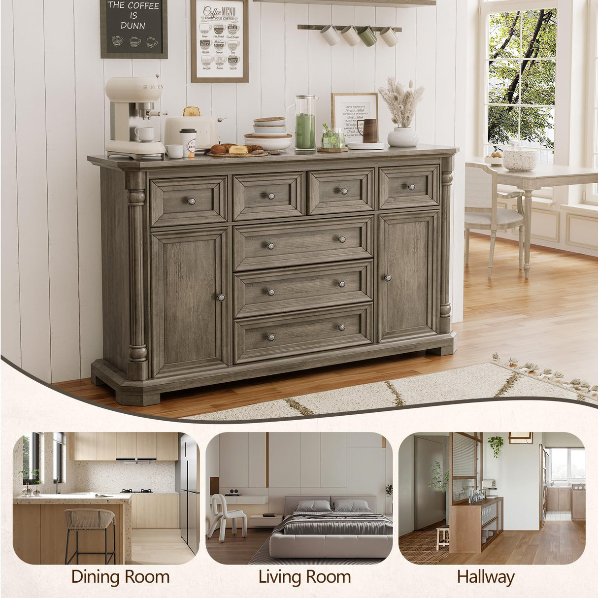 Yechen Buffet Cabinet with Drawers, 54" Large Sideboard Buffet Cabinet with 7 Drawers and 2 Doors, Farmhouse Solid Wood Sideboard for Kitchen, Living Room, Grey Yechen