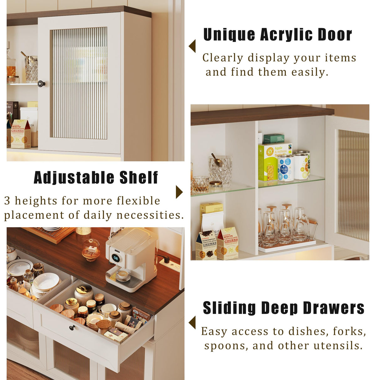 HUAHUU 71" Pantry Cabinet with Charging Station and LED Light, Modern Kitchen Pantry Cabinet with Microwave Stand, Tall Kitchen Hutch Food Pantry with Drawers & Shelves for Dining Room, White HUAHUU