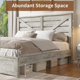 LUXOAK King Size Barn Door Wooden Bed Frame with Underbed Storage - Distressed White Finish LUXOAK