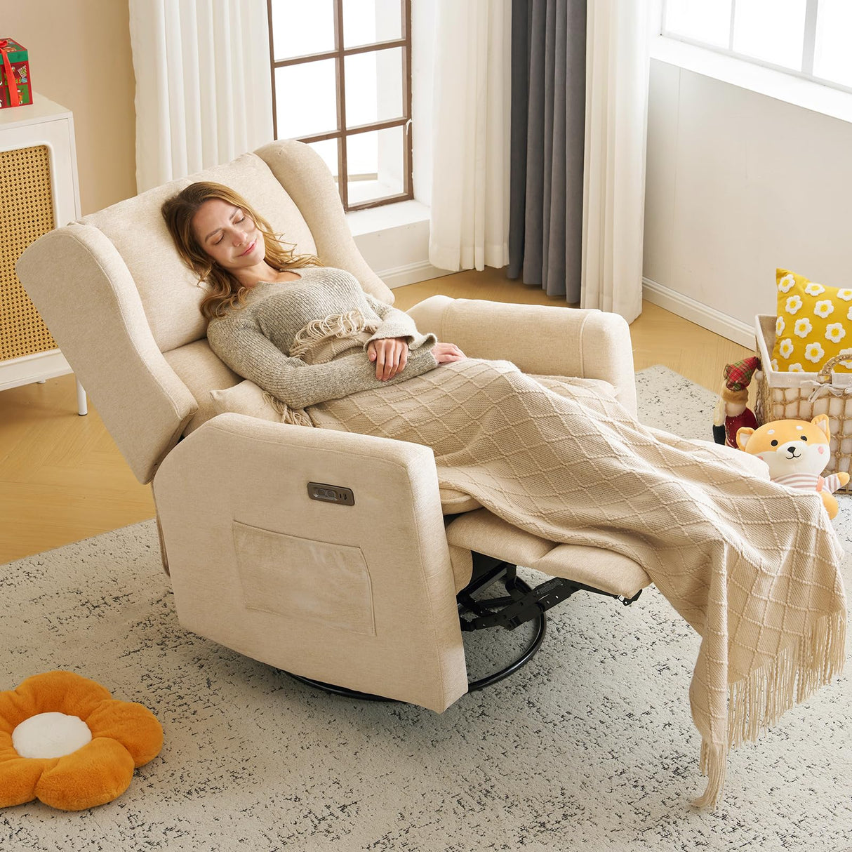 Rhevoy Oversized Swivel Rocker Recliner Chair, 26" Extra Wide Glider Nursery Chair with Adjustable Headrest, Chenille Power Recliner Rocking with Double Cushion, Cup Holder, Beige Rhevoy