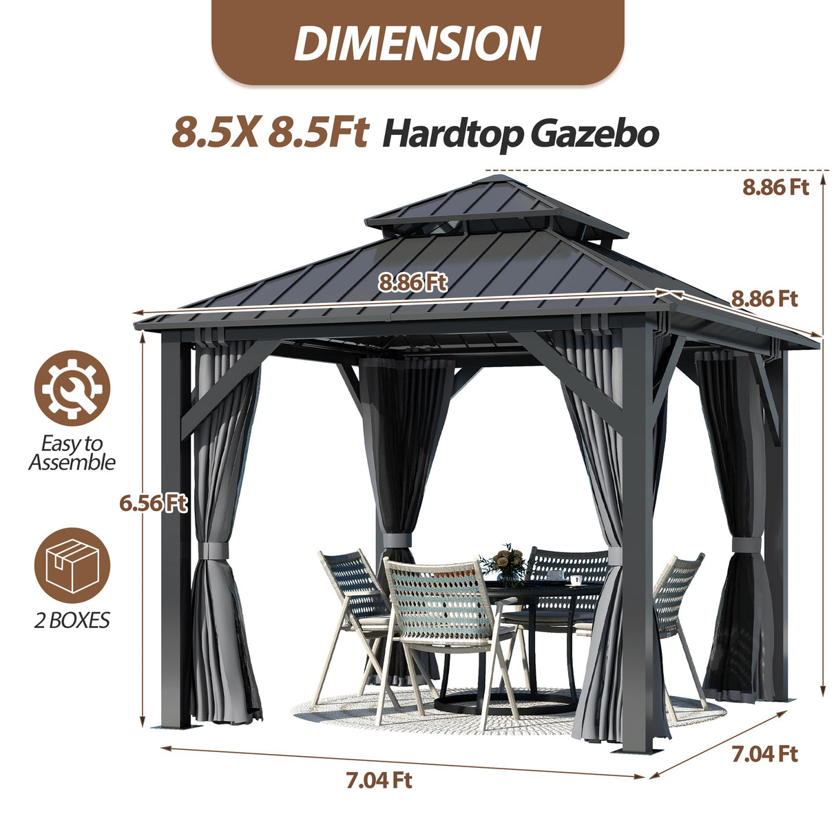 8.5' x 8.5' Hardtop Gazebo, Galvanized Steel Double Roof Gazebo with Nettings and Curtain Outdoor Aluminum Frame Vertical Stripes Roof Gazebos for Patio, Backyard, Lawn Raysfung