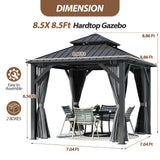 8.5' x 8.5' Hardtop Gazebo, Galvanized Steel Double Roof Gazebo with Nettings and Curtain Outdoor Aluminum Frame Vertical Stripes Roof Gazebos for Patio, Backyard, Lawn Raysfung