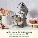 Cuisinart Stand Mixer, 12 Speeds, 5.5-Quart Mixing Bowl, Chef's Whisk, Flat Mixing Paddle, Dough Hook, and Splash Guard with Pour Spout, Silver Lining, SM-50BC, Silver Lining Cuisinart