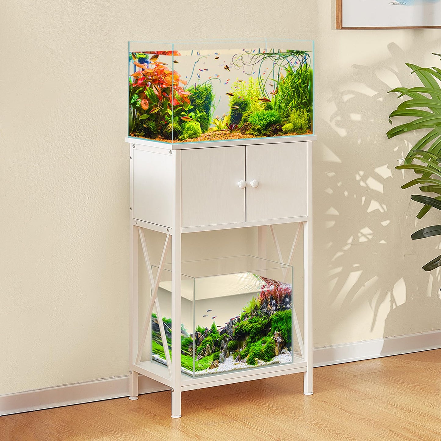 LAQUAL 10 Gallon Fish Tank Stand with Cabinet, Double Aquarium Stand for 10 & 5 Gallon Fish Tank, Heavy Metal Stand with Stable Structure, Adjustable Table Feet & Anti-tilt Device - White - WoodArtSupply