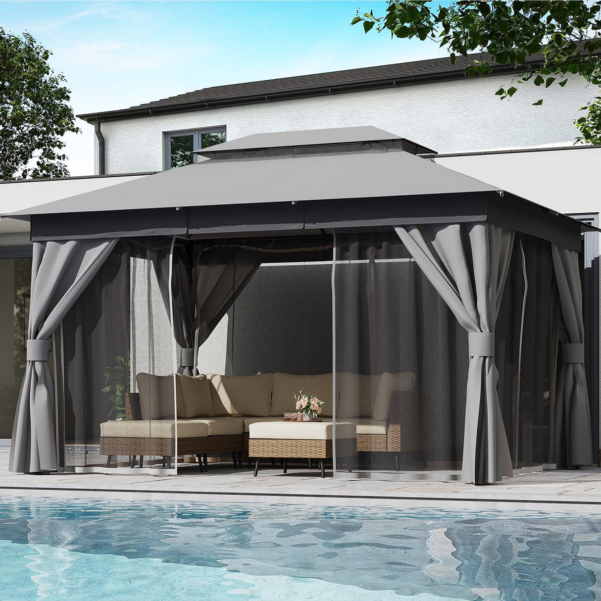 LAUSAINT HOME Outdoor Patio Gazebo 10'x13' with Expansion Bolts, Heavy Duty Party Tent & Shelter with Double Roofs, Mosquito Nettings and Privacy Screens for Backyard, Garden, Lawn, Smoke Grey LAUSAINT HOME