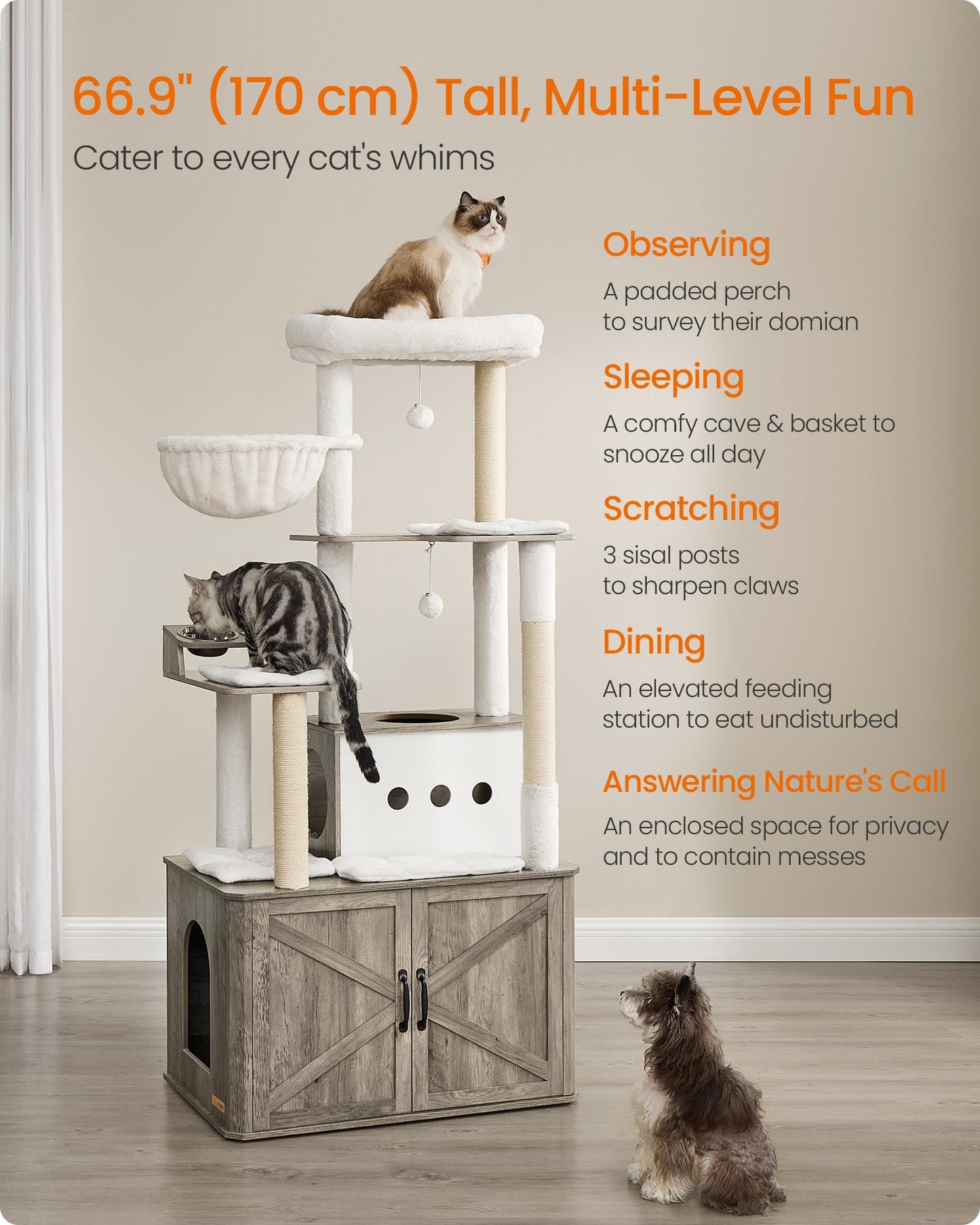 Feandrea Cat Tree, 66.9-Inch Cat Tower with Litter Box Enclosure, Large Cat Condo with Food Station, Storage, Scratching Posts, Cat Cave, Hammock, Washable Cushions, Heather Greige UPCT169K02