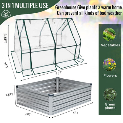 DIIYIV 4x3x1 Raised Garden Bed with Cover-Outdoor Galvanized Planter Box, Bottomless Flower Bed with Clear Cover, Raised Garden Bed Kit with Dual 2-Tier Roll-Up Windows, Easy Venting & Watering