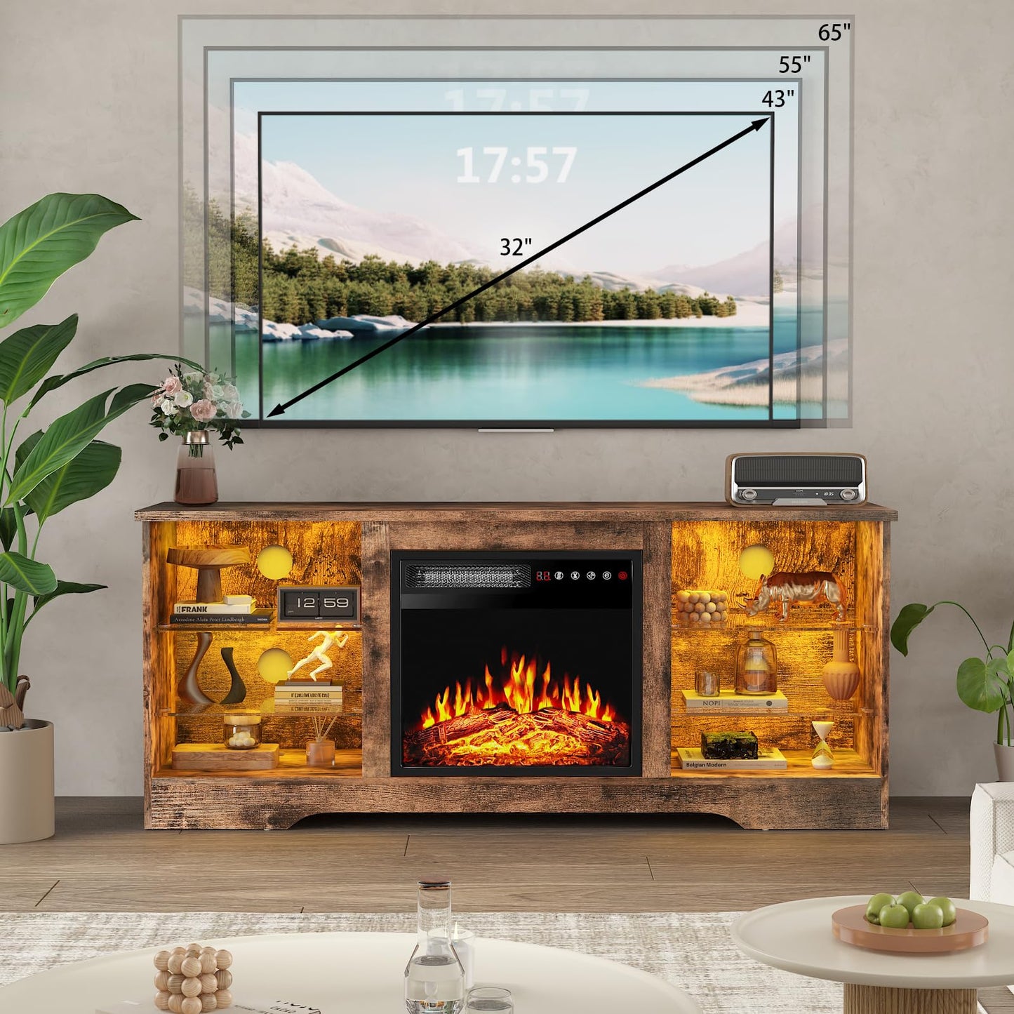 PRETZI Fireplace TV Stand -16 Colors LED Light Entertainment Center with 18" Electric Fireplace Heater & Remote Control,58" TV Media Console with Glass Shelves and Storage for Living Room,Brown