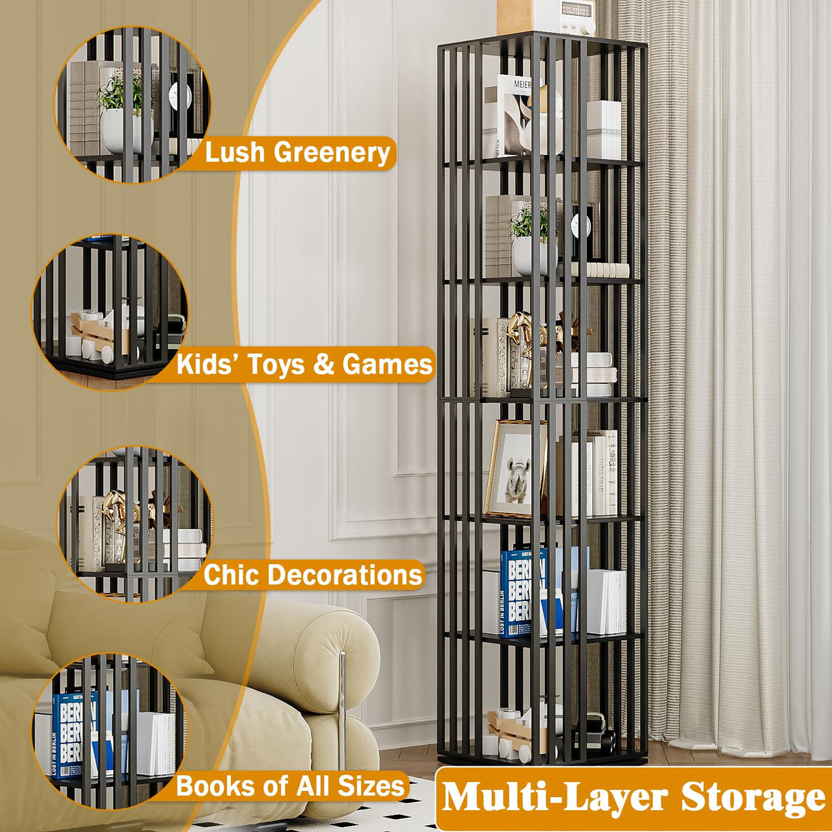Espelism 6 Tier Rotating Bookshelf, 360° Spinning Narrow Bookcase Tower, Space Saving Floor Standing Wood Shelf & CD Organizer for Small Spaces, Bedroom, Living Room, Office (Black, 6-Tier) Espelism