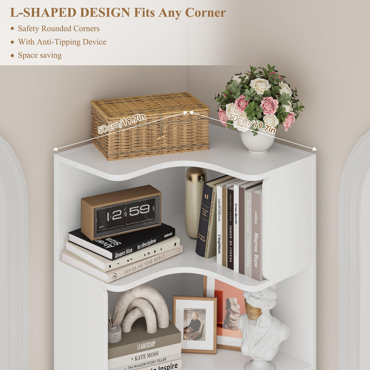 FACBOTALL 76.8” Corner Bookshelf with 3 Drawers and 3 Side Storage Cubbies, L Shaped Tall Bookshelf and Bookcase, 4 Tier Corner Bookcase, Wood Narrow Book Shelf for Living Room, Office, White FACBOTALL