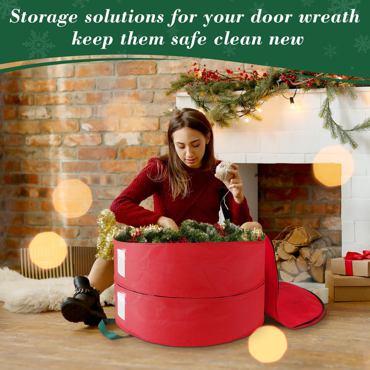 BlessedSeason Wreath Storage Container，Christmas Wreath Storage Bags for 2 Wreath with Dual Zipper and Handles, Dust, Pest Protection,Holiday Wreaths Storage Holder 24” (RED) BlessedSeason