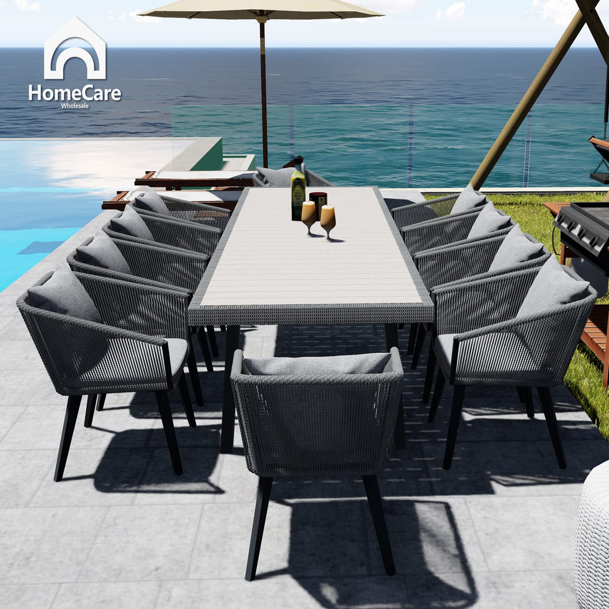 Home Care Wholesale 11 Pieces Patio Dining Set for 10 - All Weather Outdoor Dining Sets, All in One Outdoor Table and Chairs, Wicker Outdoor Patio Furniture Sets with Cushions and Pillows, Grey Home Care Wholesale