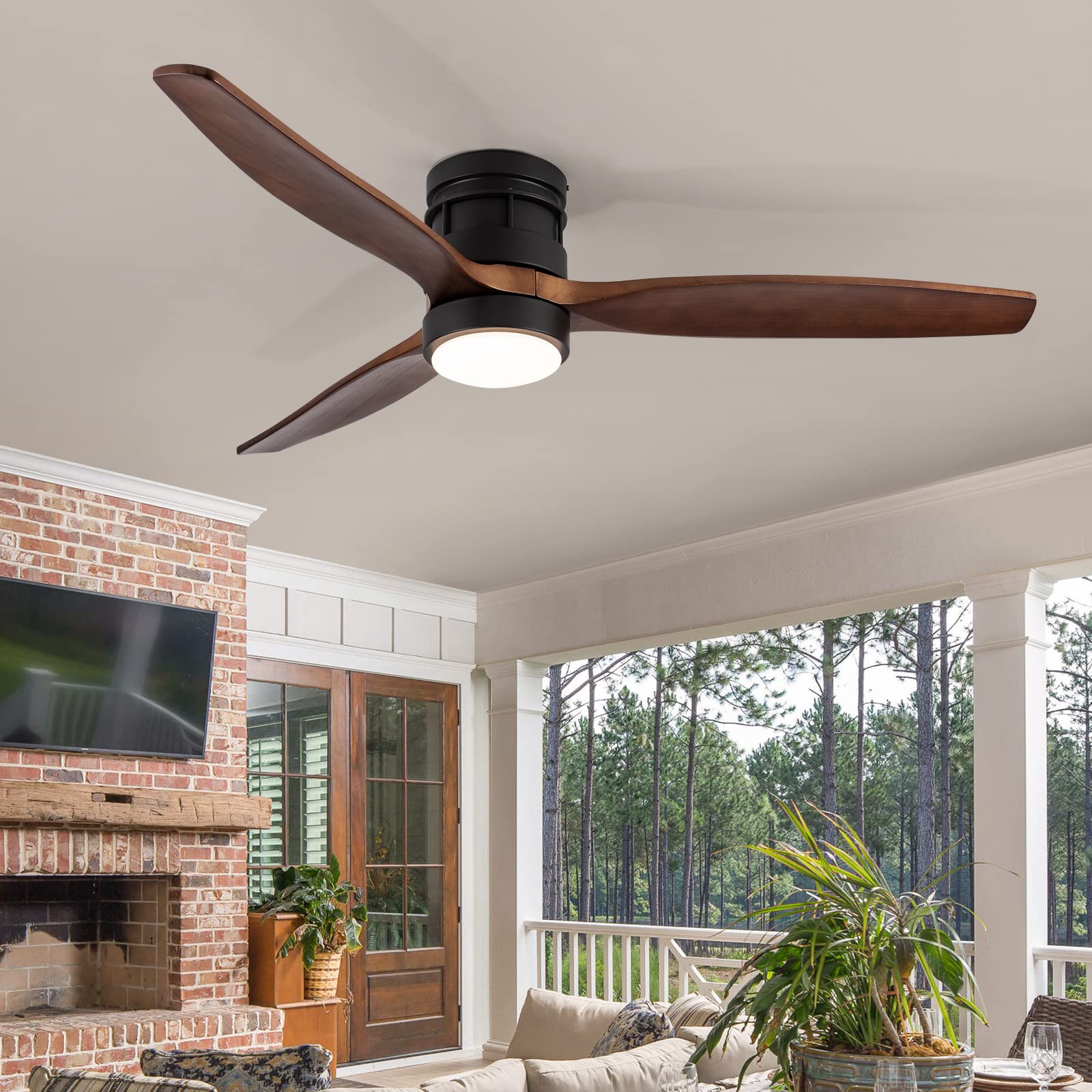 EKIZNSN 52 Inch Modern Outdoor Flush Mount Ceiling Fan with Lights Remote Control, Low Profile Wood Ceiling Fan with 3 Blades for Bedroom/Living Room, Matte Black - WoodArtSupply