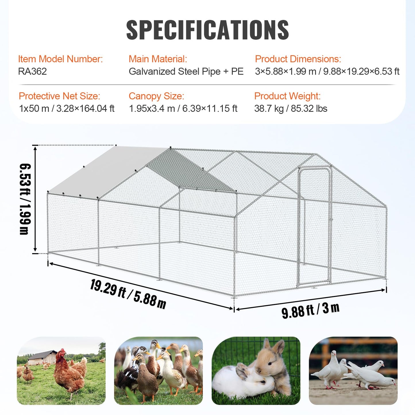 VEVOR Large Metal Chicken Coop, 19.3x9.8x6.5ft Walk-in Chicken Runs for Yard with Cover, Spire Roof Hen House with Security Lock for Outdoor and Backyard, Farm, Duck Rabbit Cage Poultry Pen