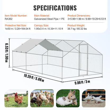 VEVOR Large Metal Chicken Coop, 19.3x9.8x6.5ft Walk-in Chicken Runs for Yard with Cover, Spire Roof Hen House with Security Lock for Outdoor and Backyard, Farm, Duck Rabbit Cage Poultry Pen