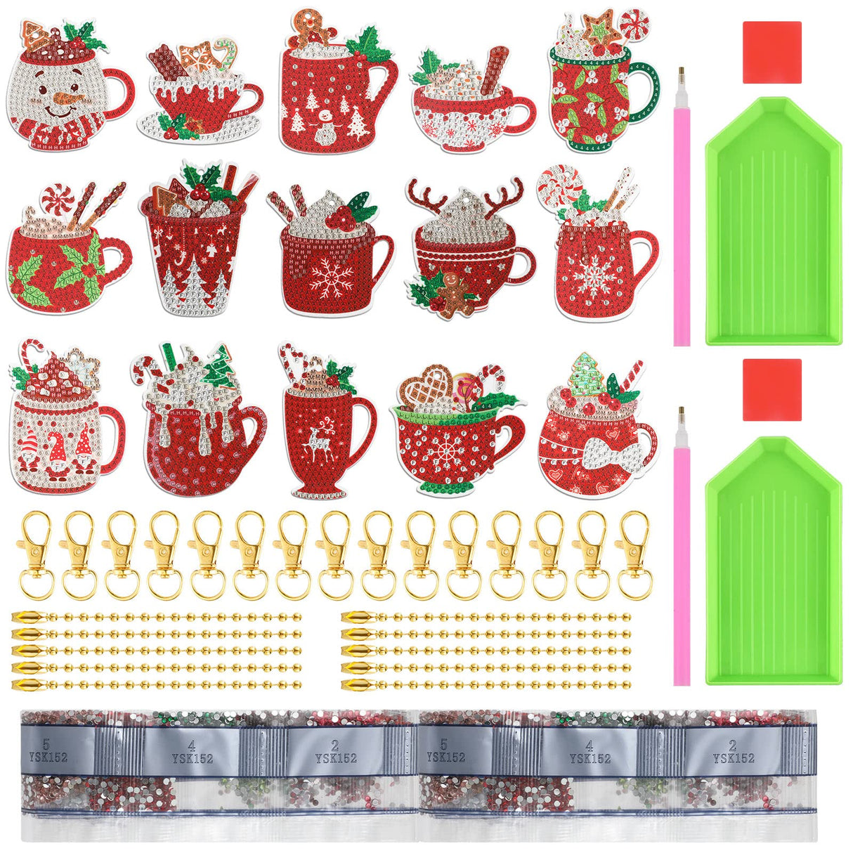 BBTO 15 Pieces Christmas Diamond Painting Keychain Ornaments 5D DIY Hot Cocoa Art for Kids Crafts Family Decor (Cute) BBTO
