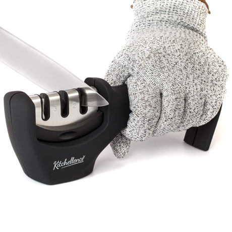 4-in-1 Kitchen Knife Accessories: 3-Stage Knife Sharpener Helps Repair, Restore, Polish Blades and Cut-Resistant Glove (Black) KITCHELLENCE