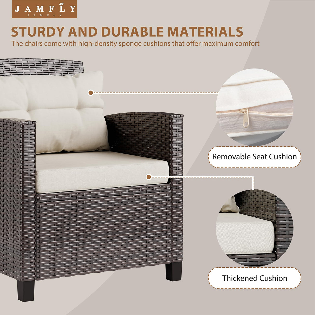 JAMFLY 3 Pieces Wicker Patio Furniture Set Outdoor, Wicker Chairs Conversation Set Small Patio Furniture for Apartment Balcony Bistro, Beige JAMFLY