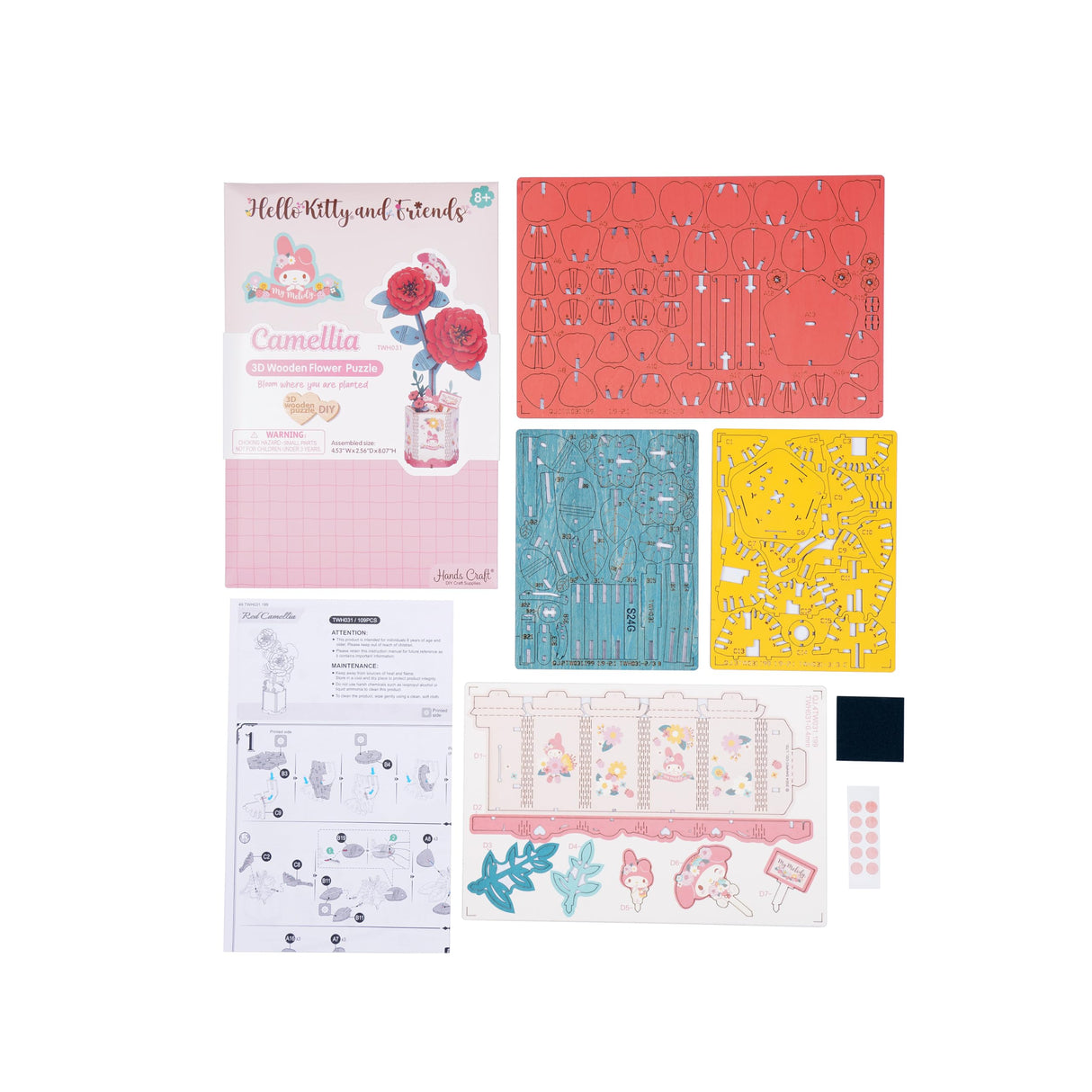 Hands Craft Hello Kitty and Friends My Melody Red Camellia 3D Wooden Puzzle Kit | DIY Flower Model | Arts & Crafts for Adults & Kids | Creative Hobby Kits | Wood Building Set | Unique Gift Hands Craft