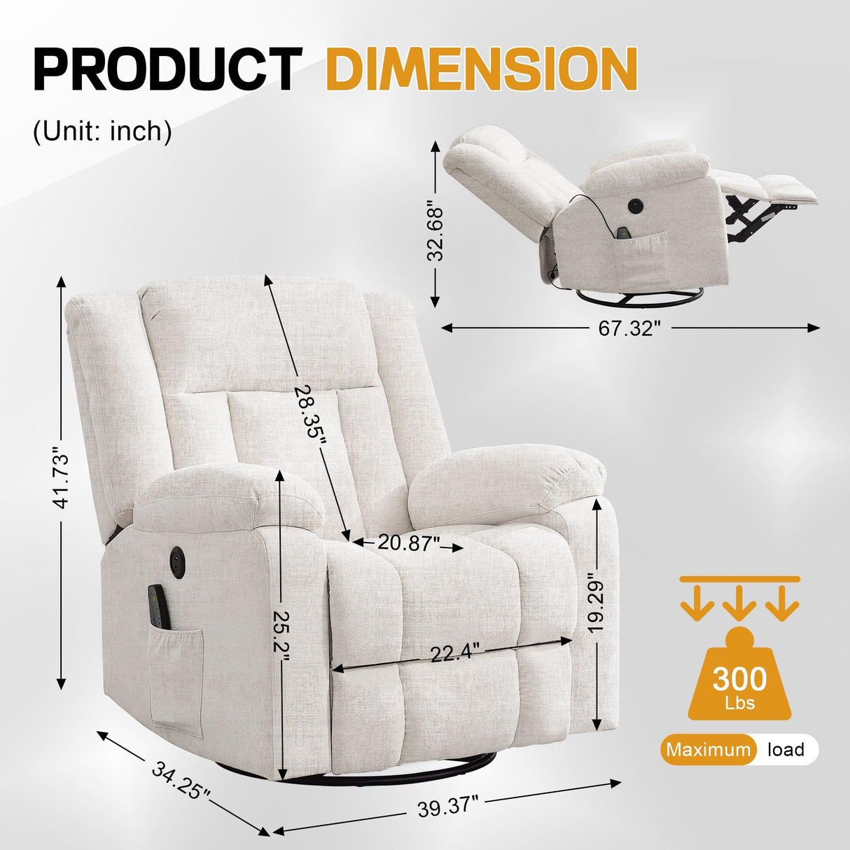 Korser Rocker Recliner, Glider Recliner Chairs for Adults, 360° Swivel Rocking Chair with Massage and Heating, Nursery Chair with Storage and USB Charging for Living Room, Bedroom, Nursery Korser
