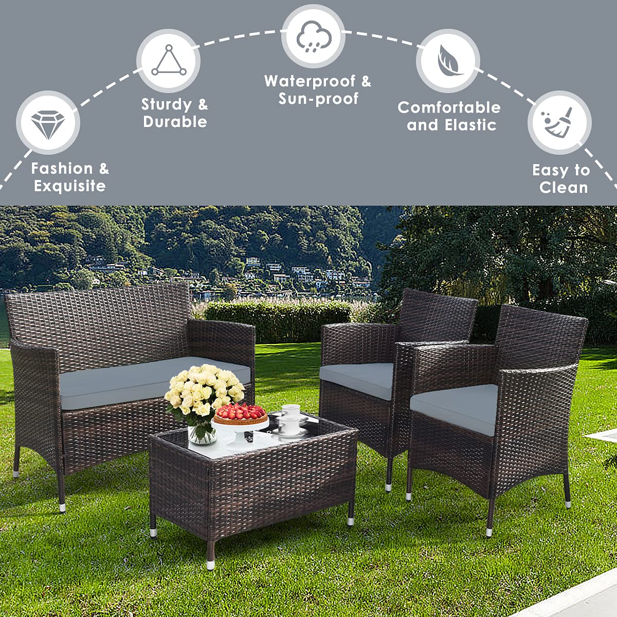 Goplus 4-Piece Rattan Patio Set, Outdoor/Indoor Wicker Conversation Set for Pool, Backyard, Lawn, Wicker Chairs and Sofa with Soft Cushion, Rattan Furniture with Tempered Glass Coffee Table Goplus