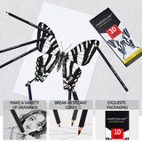 MARTCOLOR Charcoal Pencils for Drawing, 10 Pieces (S-Soft, Ex-Soft, Soft, Medium, & Hard) Black Charcoal Pencils for Sketching, Shading, Blending MARTCOLOR