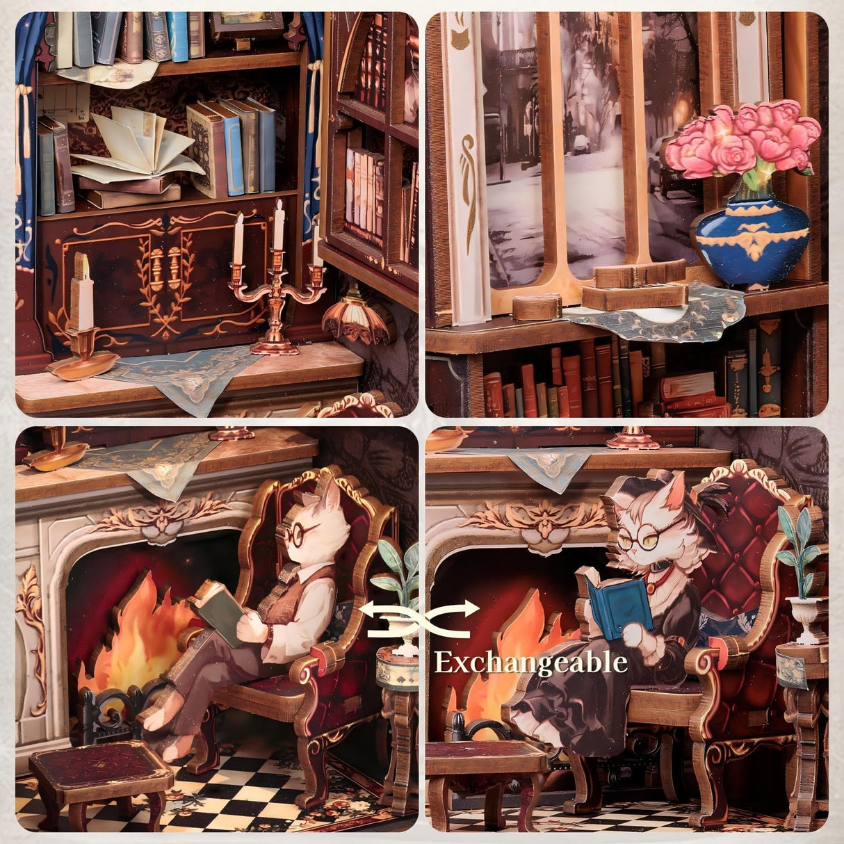 Fsolis Book Nook Kit, DIY Miniature Dollhouse Kit 3D Puzzles for Adults Bookshelf Decor Mini House Tiny Home Craft Gifts for Women Teenagers Book Lovers (Count Cat's Study) Fsolis