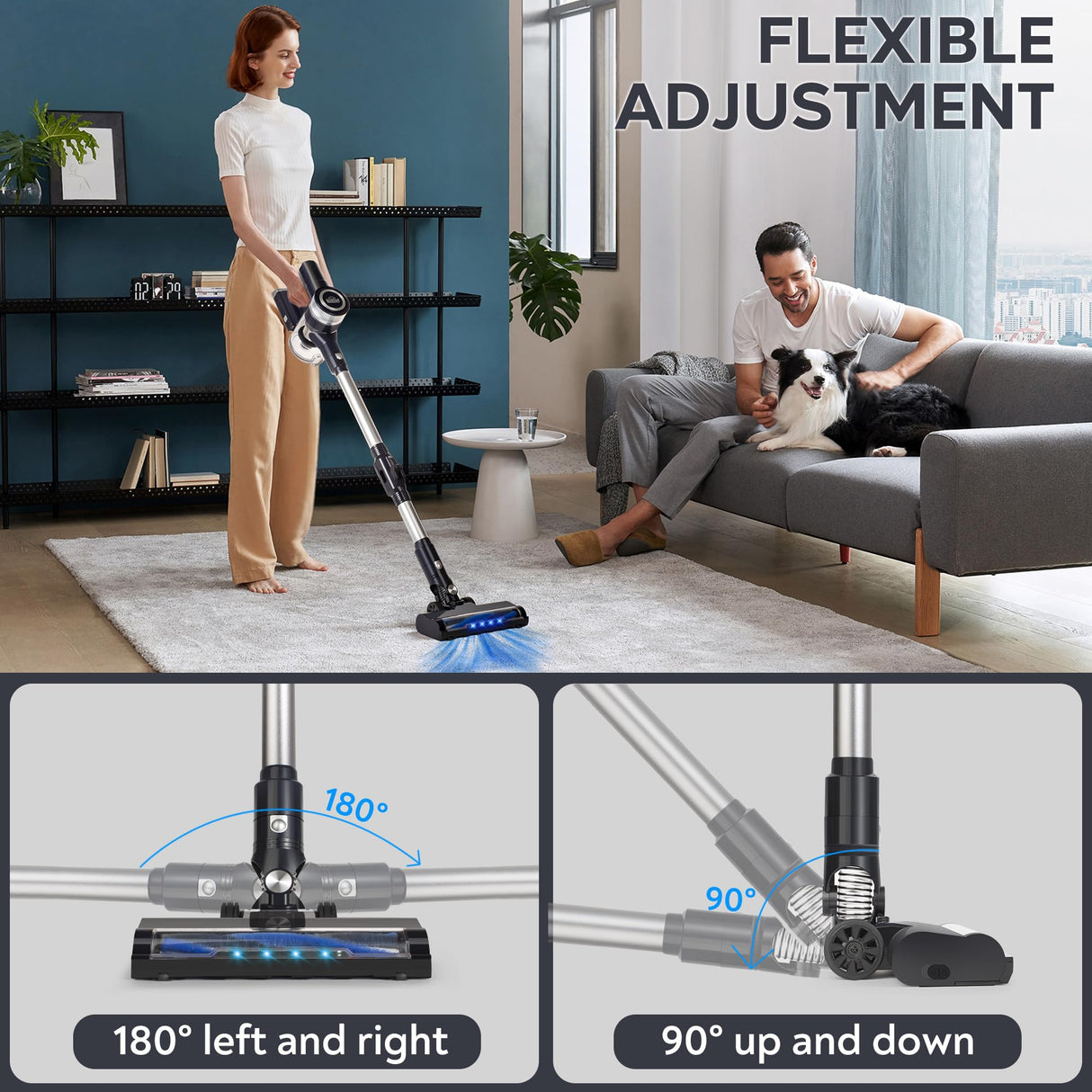 Bison Edge Cordless Vacuum Cleaner, 6-in-1 Powerful Suction with Brushless Motor with a 2500 mAh Battery, 180° Bendable Stick, Lightweight, for Carpet and Hard Floor Bison Edge