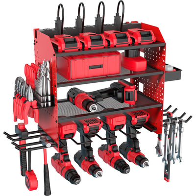 Heavy Duty Power Tool Organizer Wall Mount with Charging Station, 4 Layer Garage Storage Adjustable Shelves Height, Holds 4 Drills, 2 Hooks, Screw & Screwdriver box, Gifts for Fathers Day, Anniversary