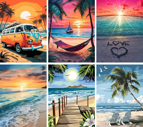 Ekuxom 6 Pack Paint by Numbers Kit for Adults Beginner, 12x16 inch Beach Adult Paint by Number Kits on Canvas, DIY Beach Painting by Numbers for Adults Home Wall Decor Ekuxom