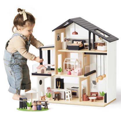 Tiny Land Doll House, Modern Family Dollhouse with Realistic Design, Wooden Dollhouse with 53Pcs Furniture - Ideal Gift for Kids Ages 3+